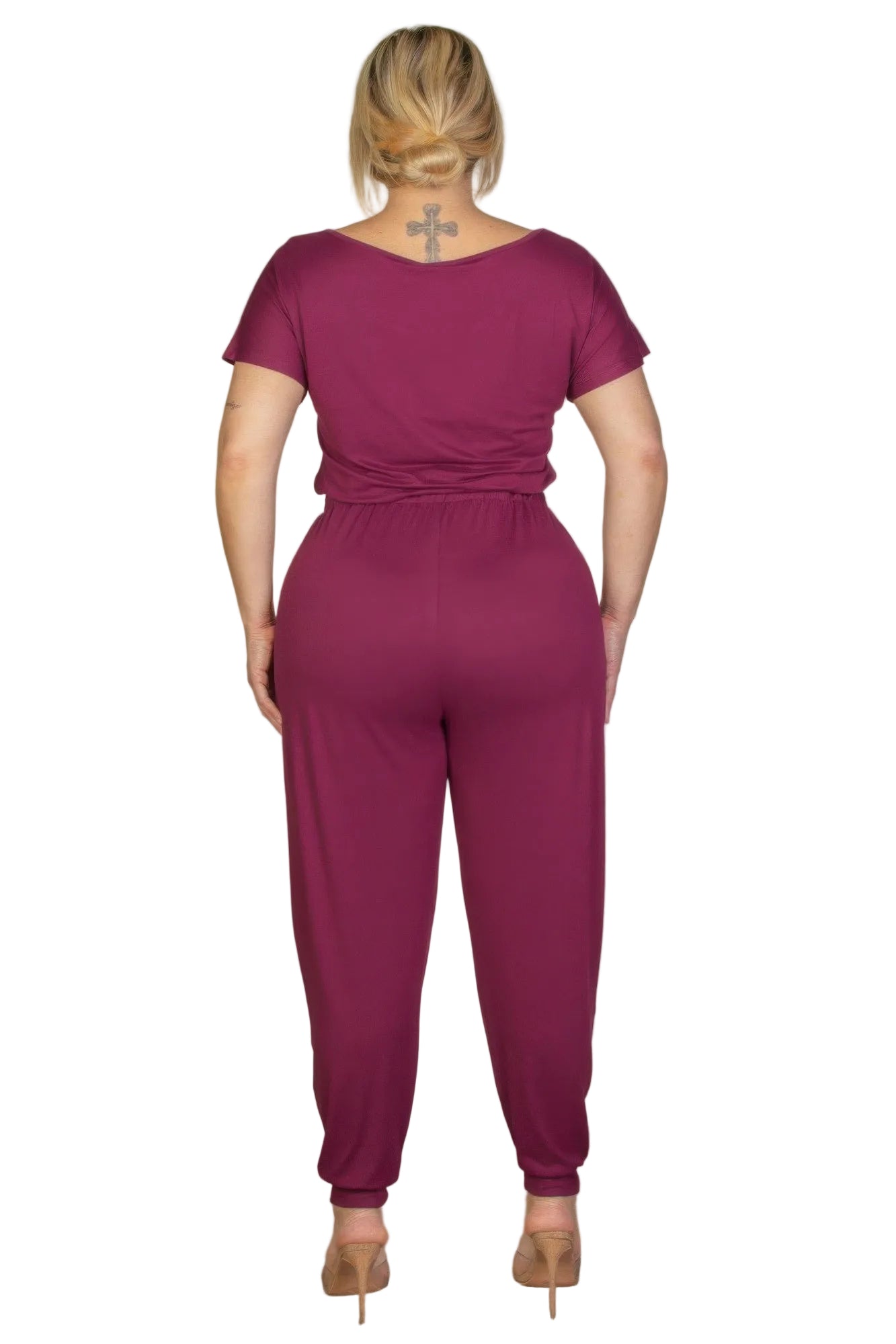 Plus Size Solid Drawstring Short Sleeve Jumpsuit Burgundy