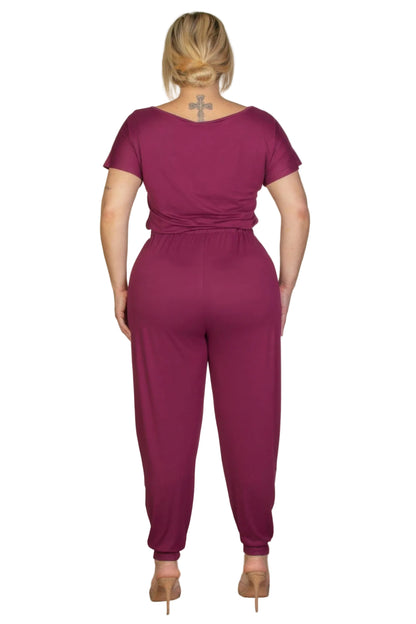 Plus Size Solid Drawstring Short Sleeve Jumpsuit Burgundy
