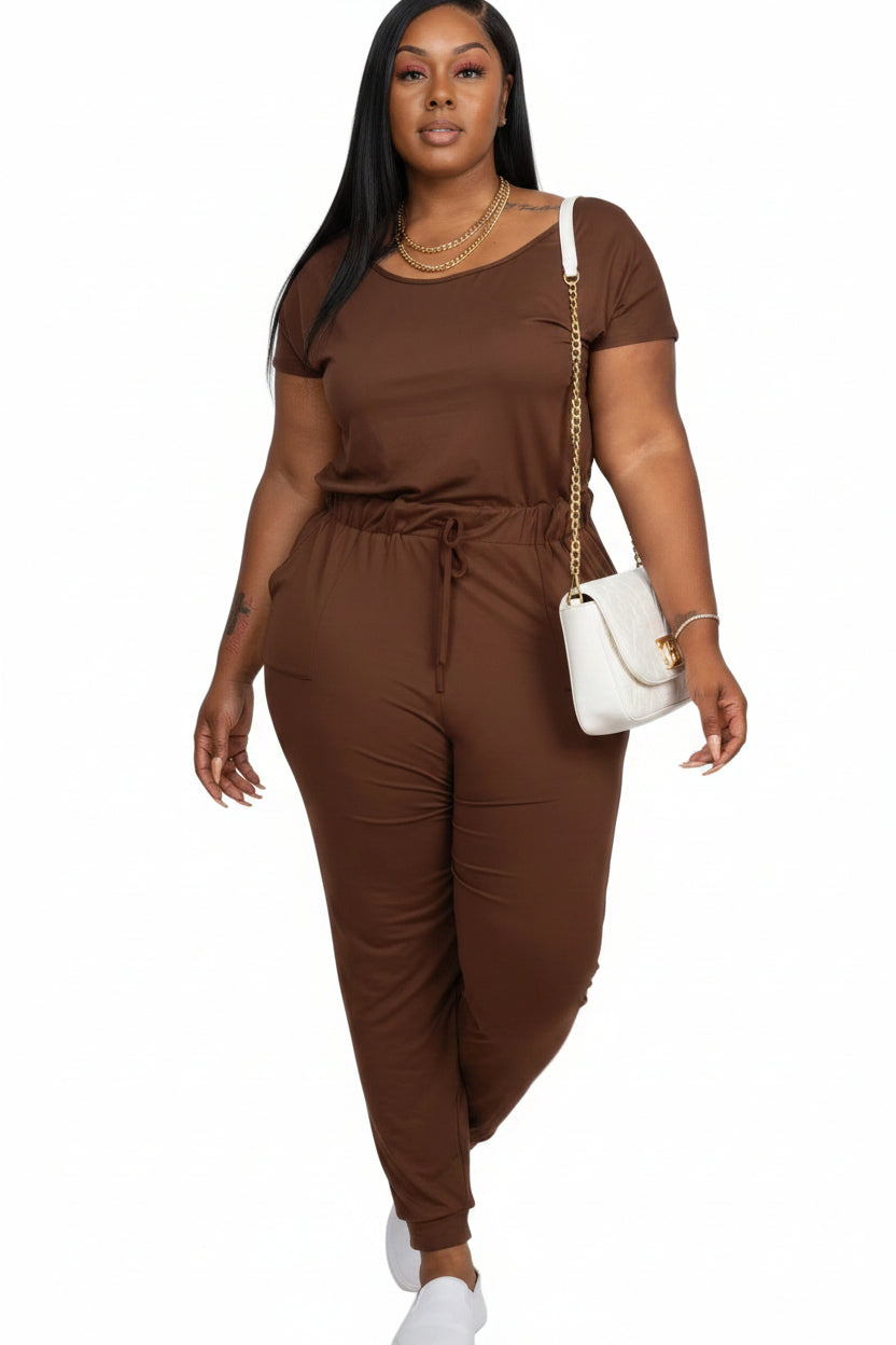 Plus Size Solid Drawstring Short Sleeve Jumpsuit Coffee