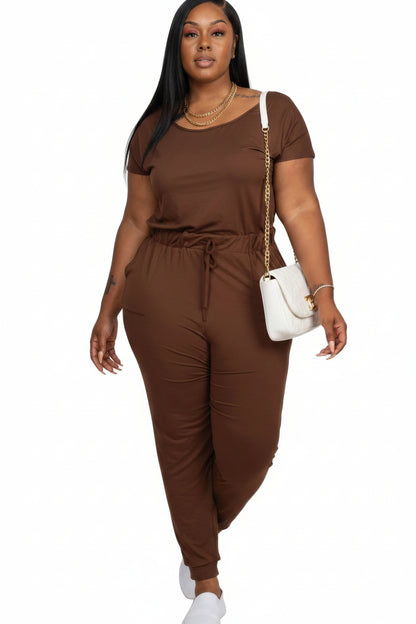 Plus Size Solid Drawstring Short Sleeve Jumpsuit Coffee