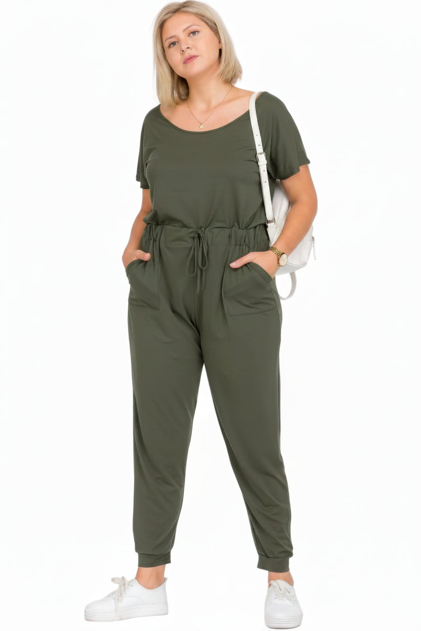 Plus Size Solid Drawstring Short Sleeve Jumpsuit Olive