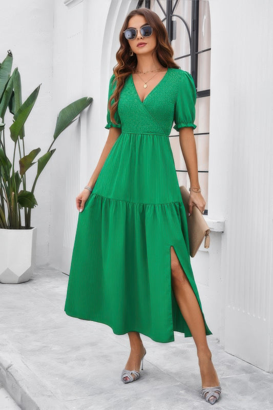 The Ruched Puff Sleeve Midi Dress – V-Neck High Waist in Black & Green Green