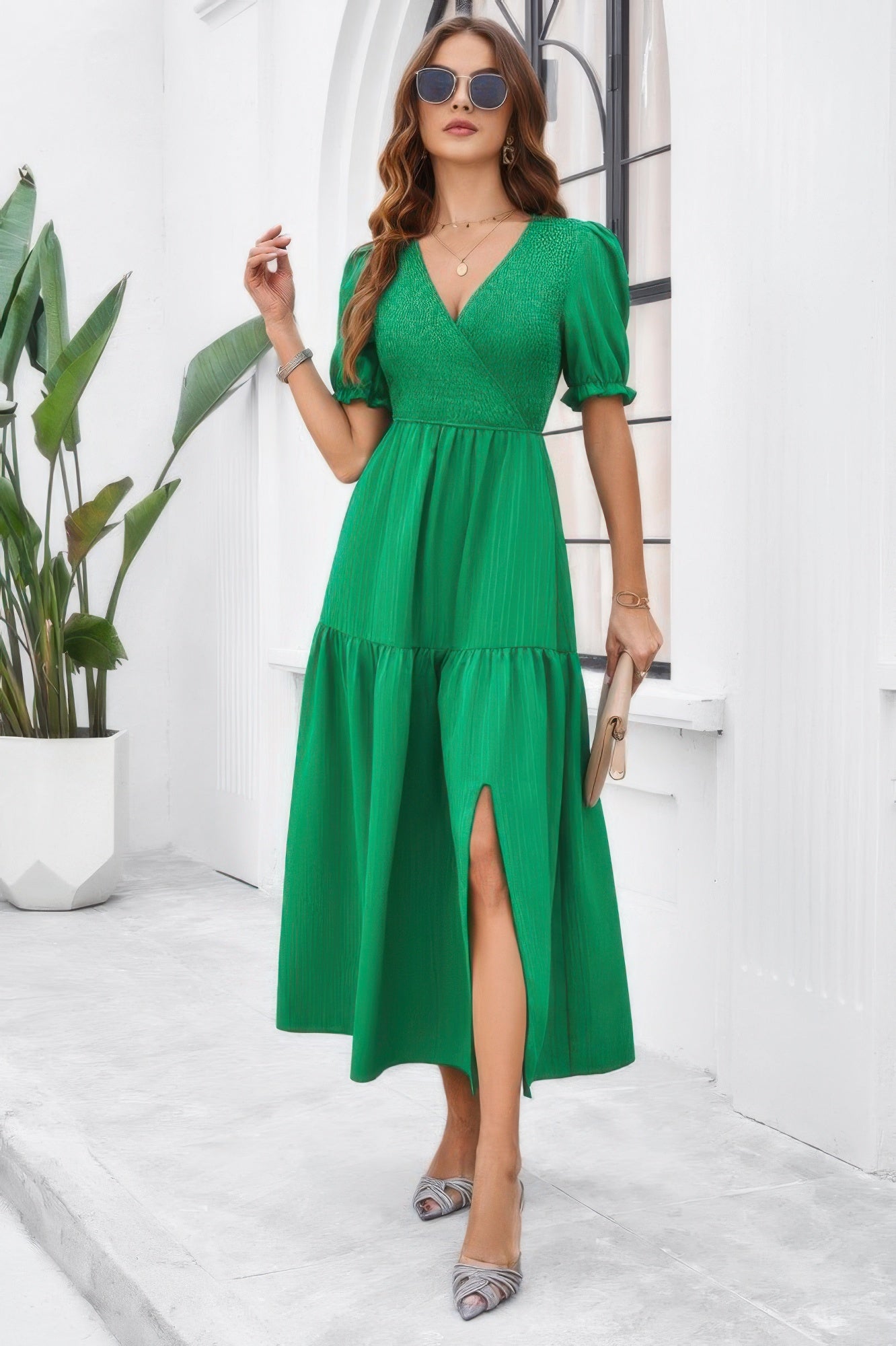 The Ruched Puff Sleeve Midi Dress – V-Neck High Waist in Black & Green