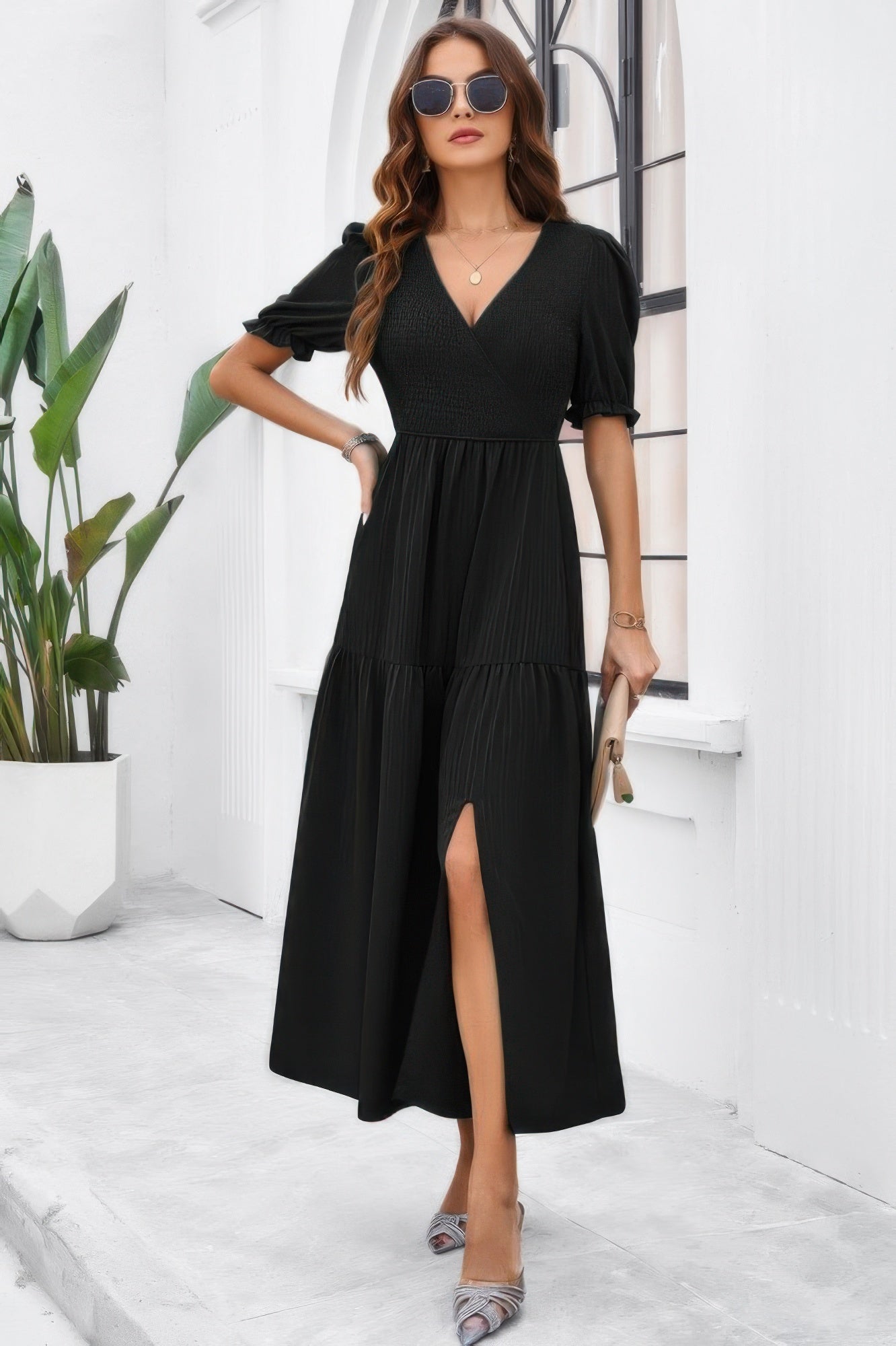 The Ruched Puff Sleeve Midi Dress – V-Neck High Waist in Black & Green Black