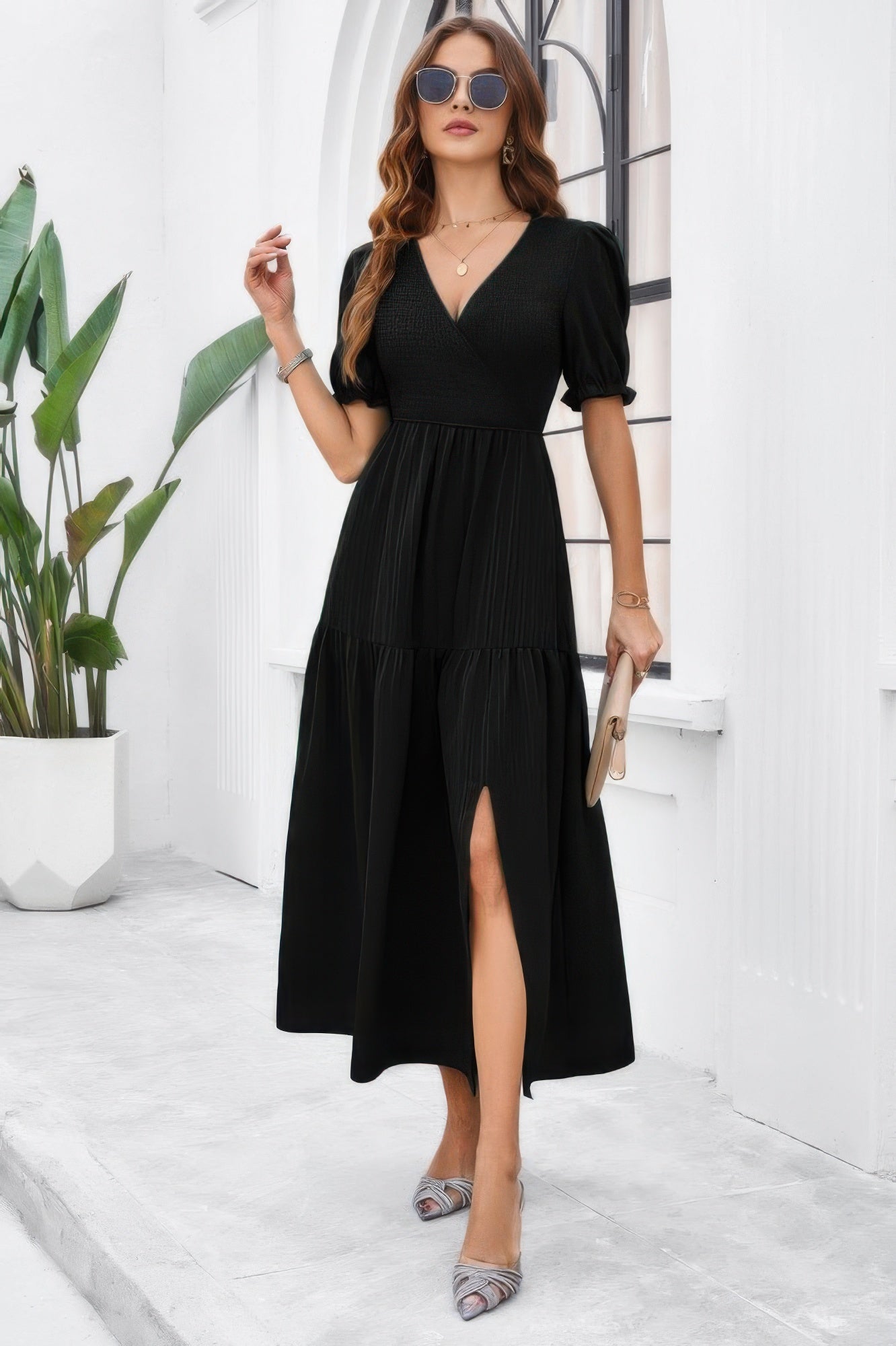 The Ruched Puff Sleeve Midi Dress – V-Neck High Waist in Black & Green