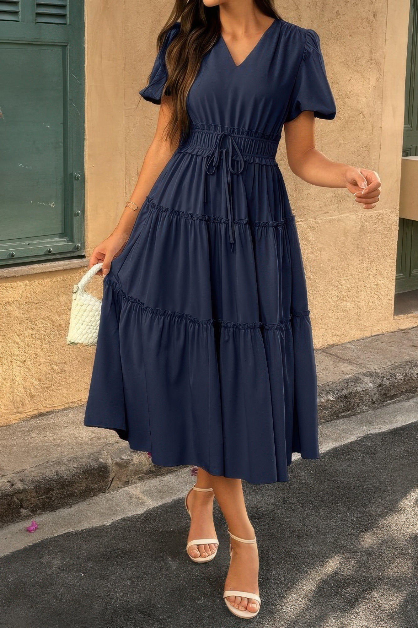 The Puff Sleeve Elastic Waist Midi Dress – 6 Colors incl. Olive, Khaki & Navy Navy