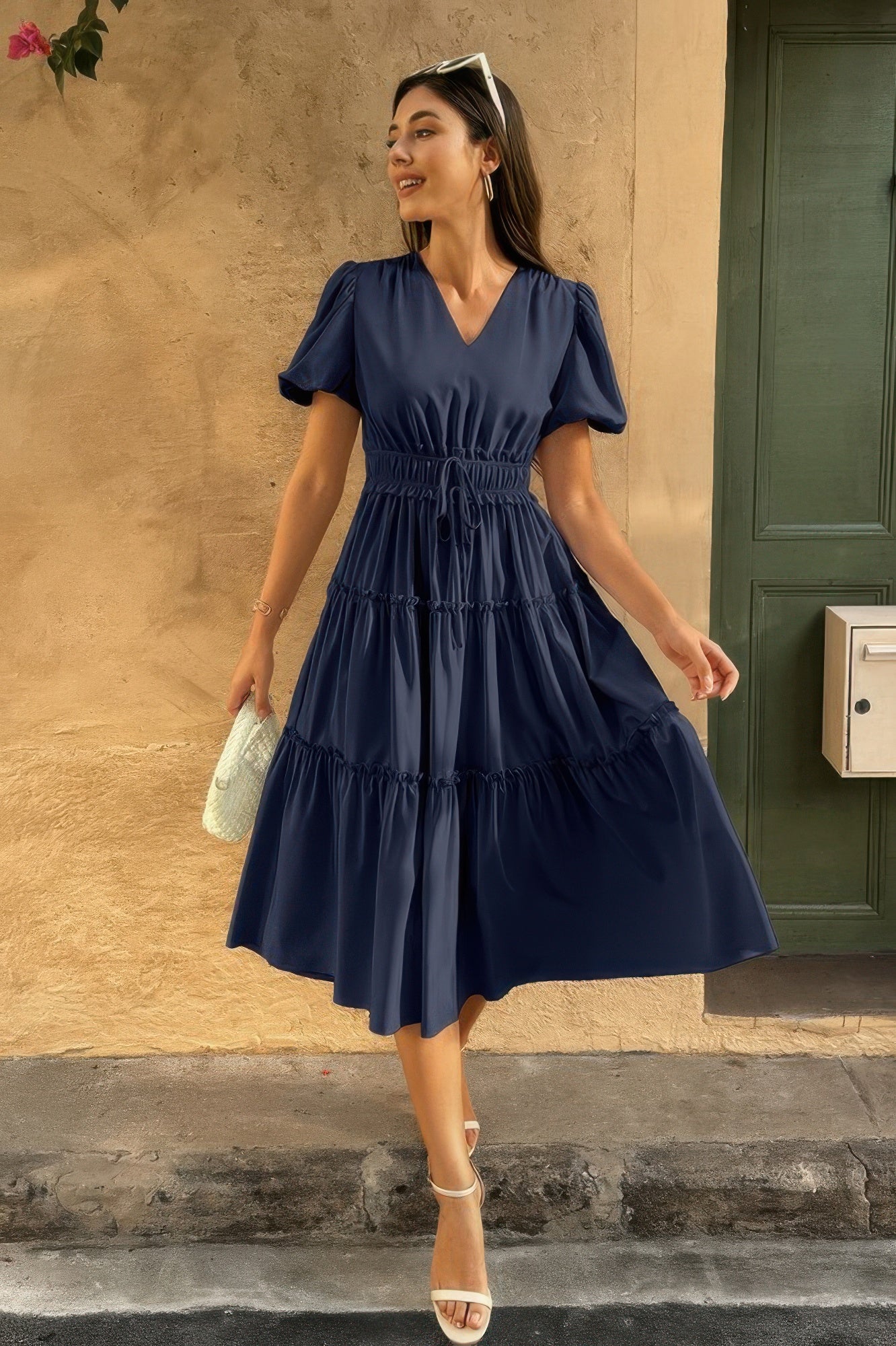The Puff Sleeve Elastic Waist Midi Dress – 6 Colors incl. Olive, Khaki & Navy
