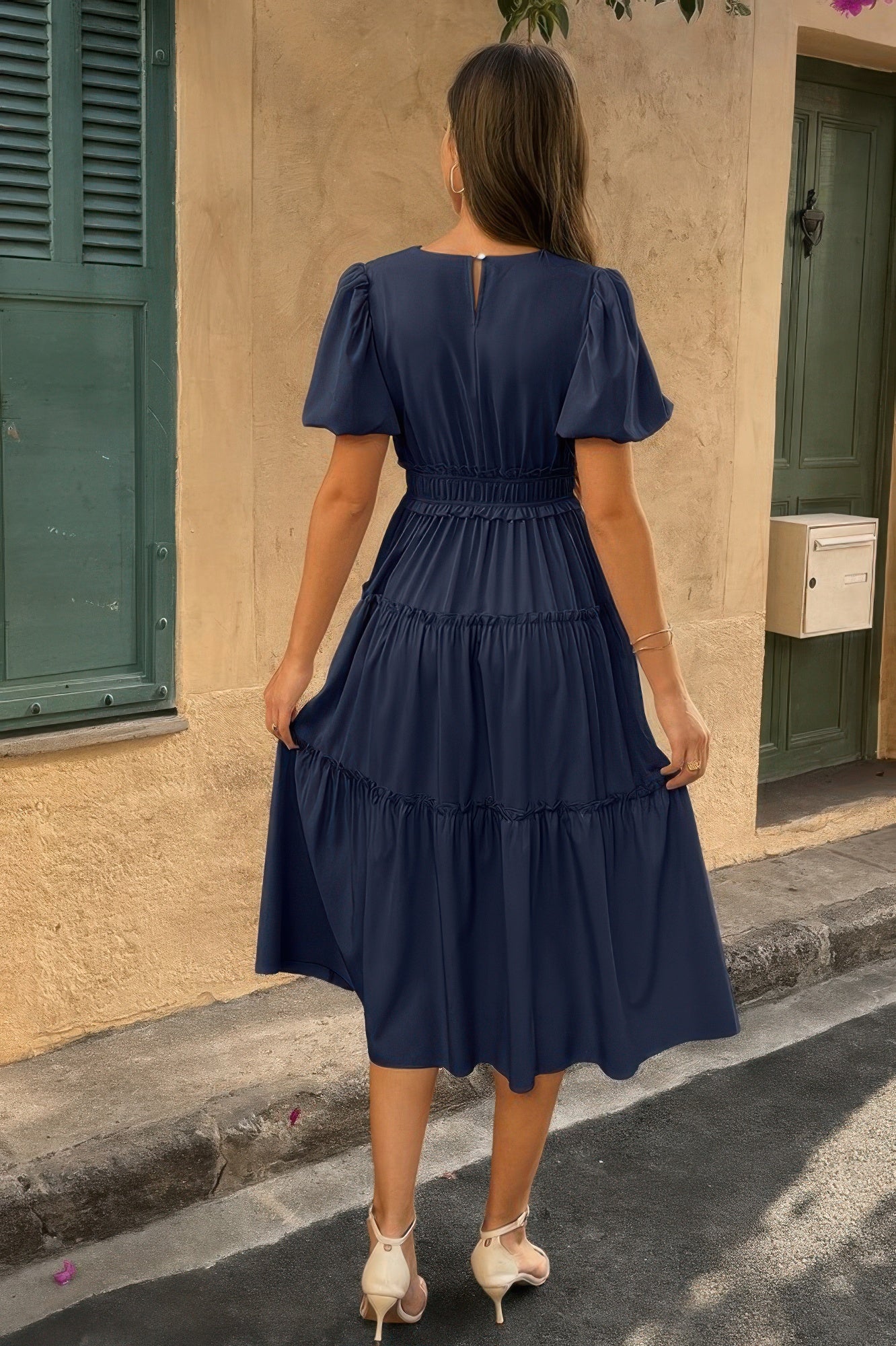 The Puff Sleeve Elastic Waist Midi Dress – 6 Colors incl. Olive, Khaki & Navy
