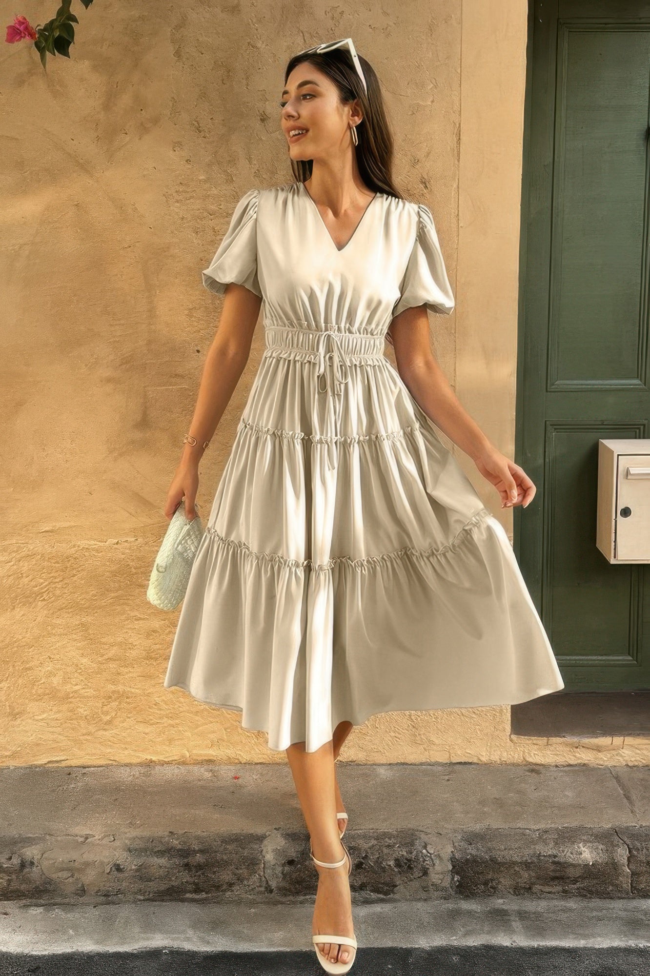 The Puff Sleeve Elastic Waist Midi Dress – 6 Colors incl. Olive, Khaki & Navy