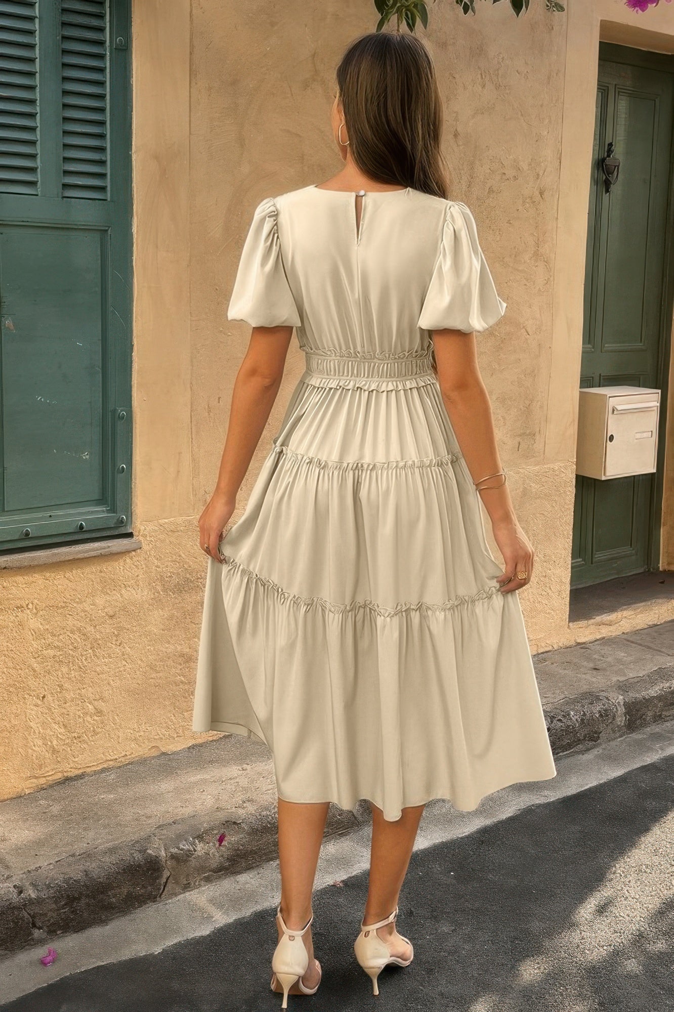 The Puff Sleeve Elastic Waist Midi Dress – 6 Colors incl. Olive, Khaki & Navy