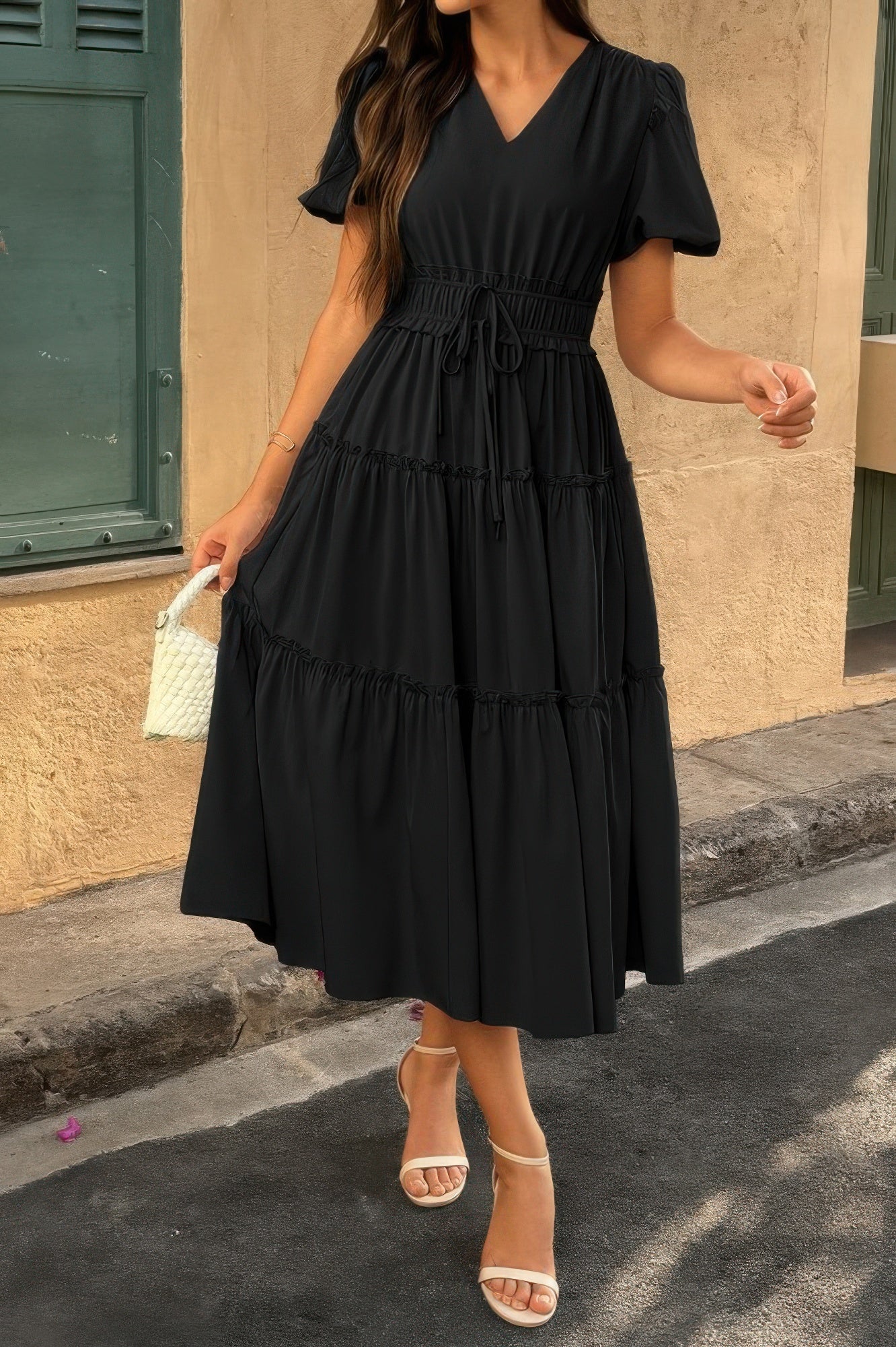 The Puff Sleeve Elastic Waist Midi Dress – 6 Colors incl. Olive, Khaki & Navy Black