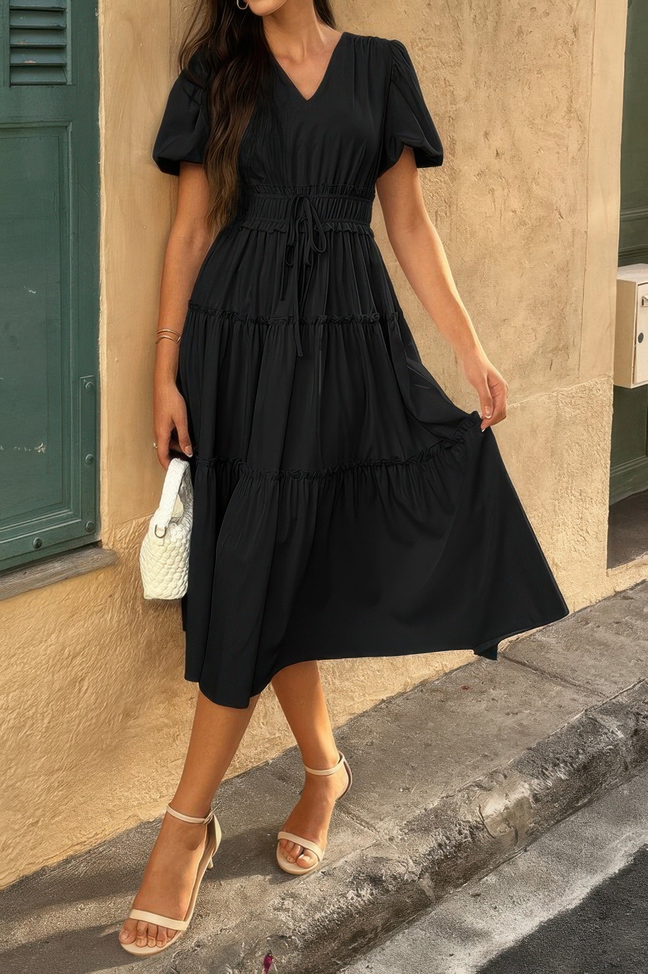 The Puff Sleeve Elastic Waist Midi Dress – 6 Colors incl. Olive, Khaki & Navy