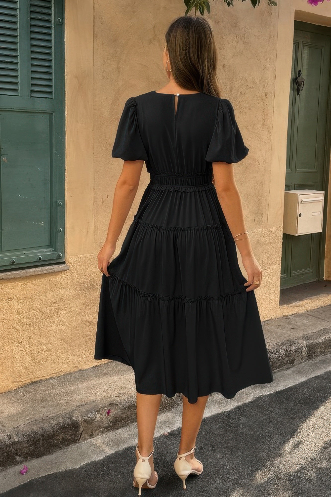 The Puff Sleeve Elastic Waist Midi Dress – 6 Colors incl. Olive, Khaki & Navy
