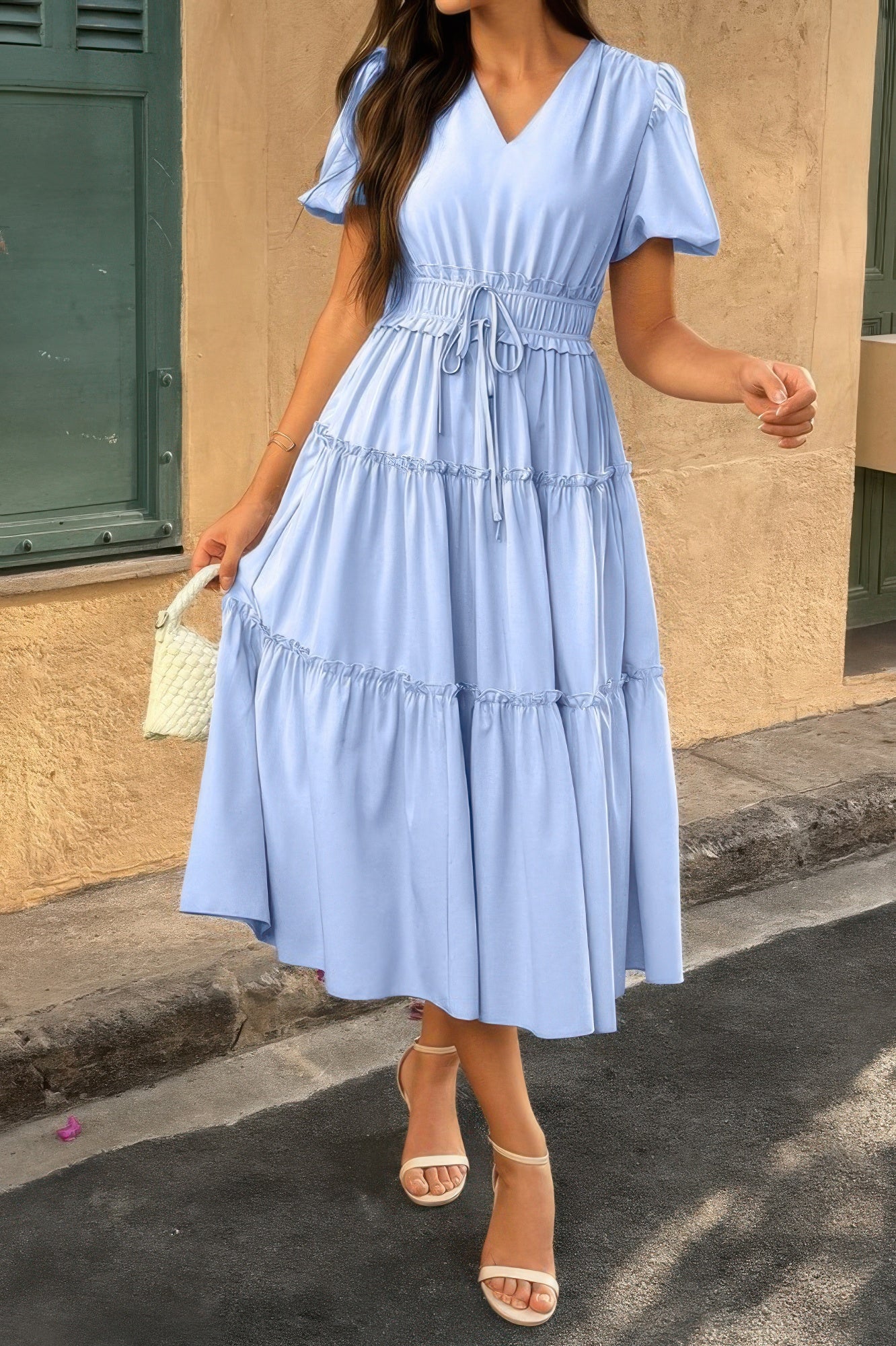 The Puff Sleeve Elastic Waist Midi Dress – 6 Colors incl. Olive, Khaki & Navy