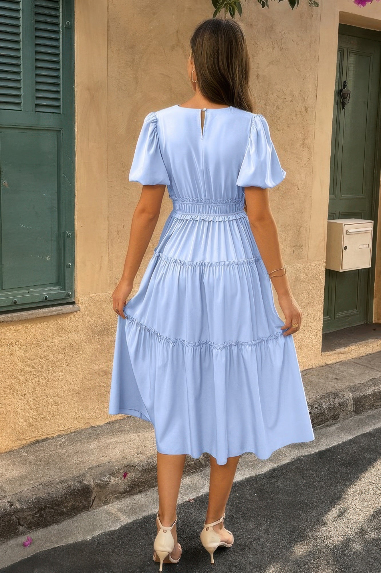 The Puff Sleeve Elastic Waist Midi Dress – 6 Colors incl. Olive, Khaki & Navy
