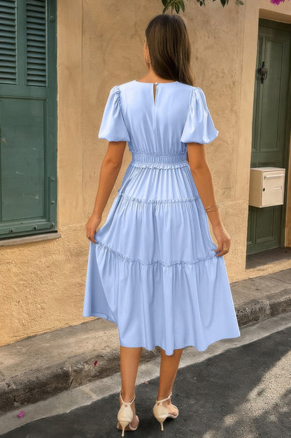 The Puff Sleeve Elastic Waist Midi Dress – 6 Colors incl. Olive, Khaki & Navy