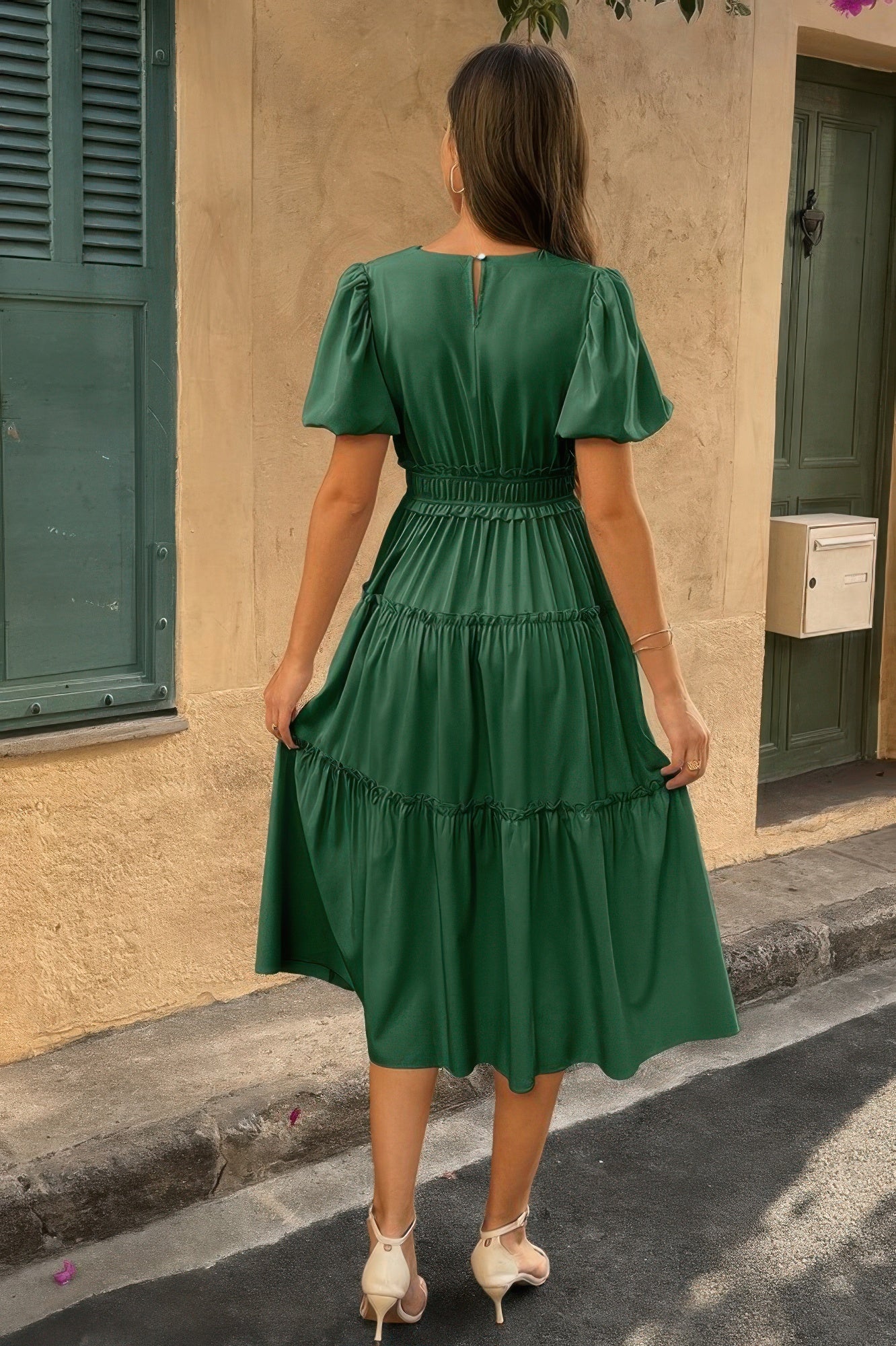 The Puff Sleeve Elastic Waist Midi Dress – 6 Colors incl. Olive, Khaki & Navy