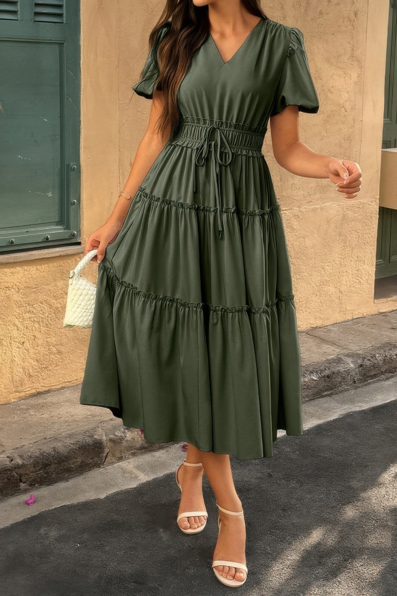 The Puff Sleeve Elastic Waist Midi Dress – 6 Colors incl. Olive, Khaki & Navy Olive