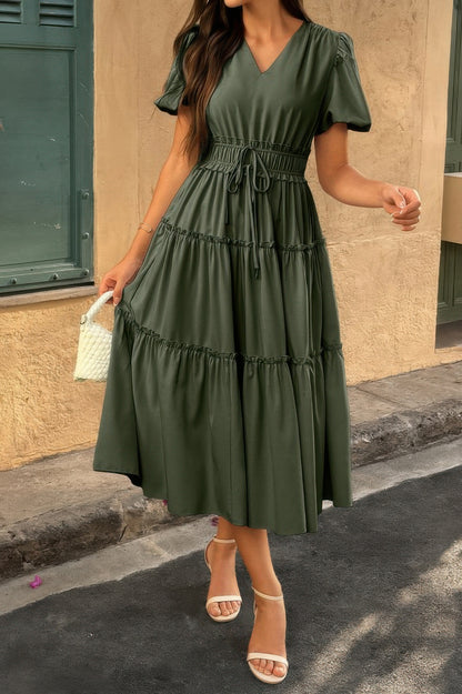 The Puff Sleeve Elastic Waist Midi Dress – 6 Colors incl. Olive, Khaki & Navy Olive