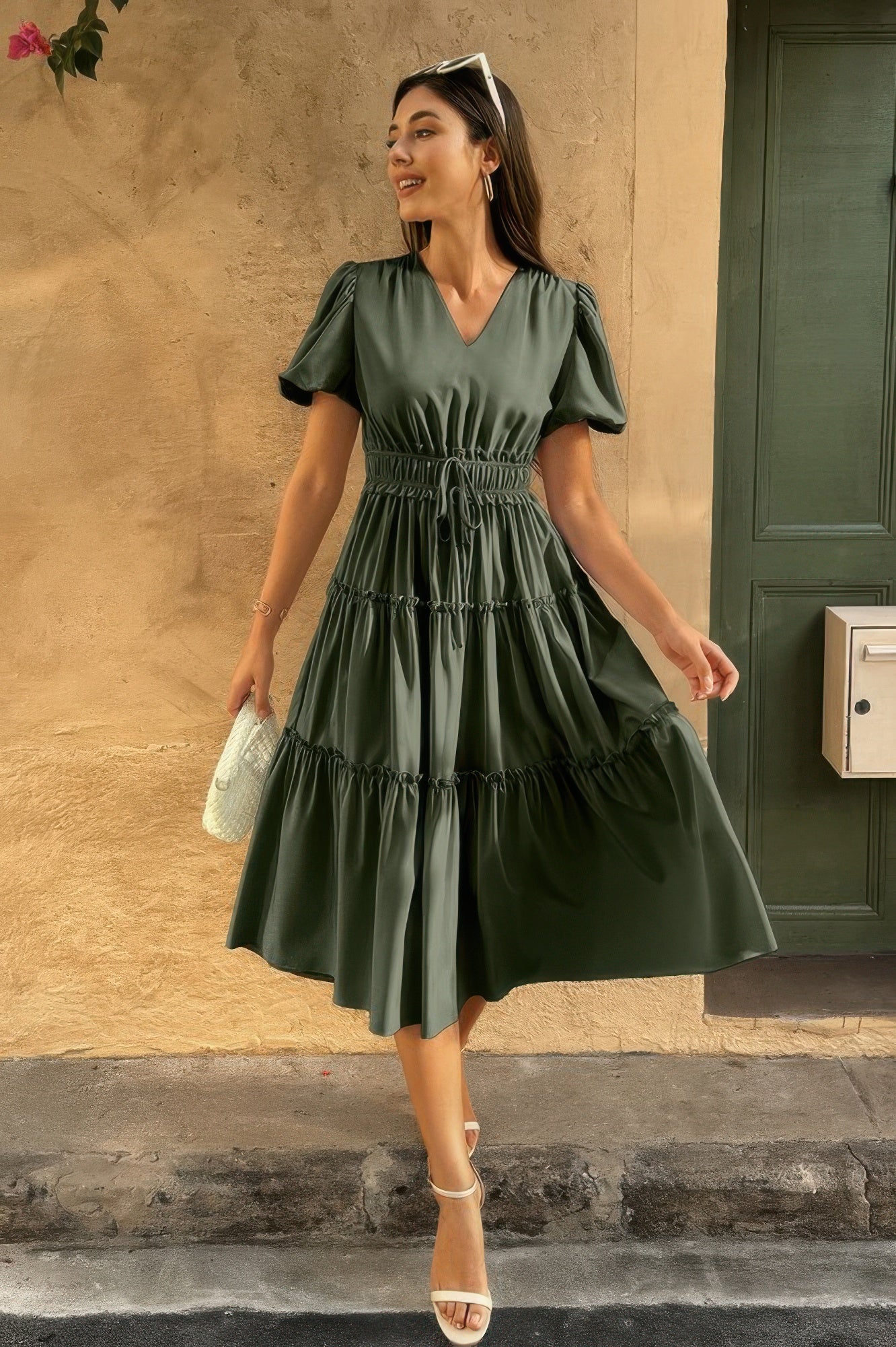 The Puff Sleeve Elastic Waist Midi Dress – 6 Colors incl. Olive, Khaki & Navy
