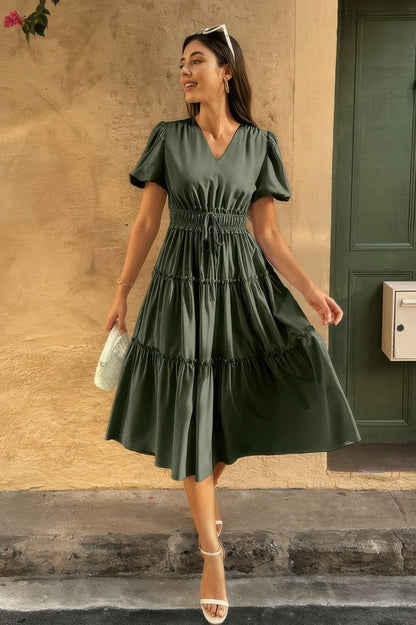 The Puff Sleeve Elastic Waist Midi Dress – 6 Colors incl. Olive, Khaki & Navy