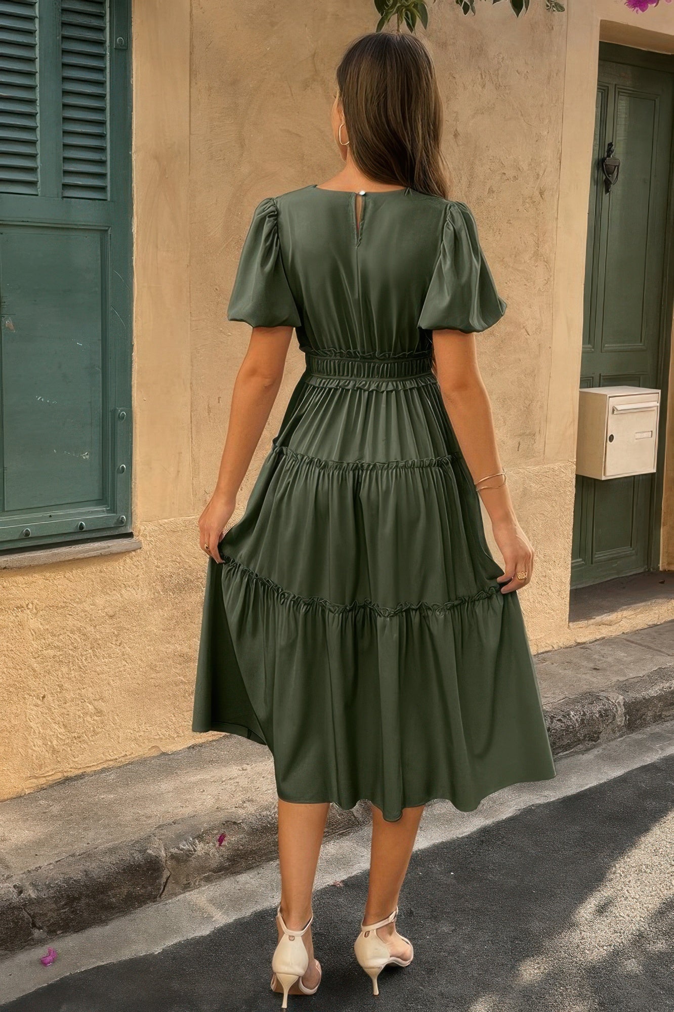 The Puff Sleeve Elastic Waist Midi Dress – 6 Colors incl. Olive, Khaki & Navy