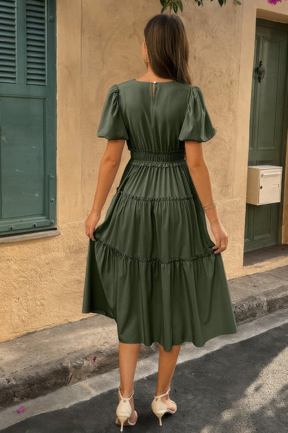 The Puff Sleeve Elastic Waist Midi Dress – 6 Colors incl. Olive, Khaki & Navy