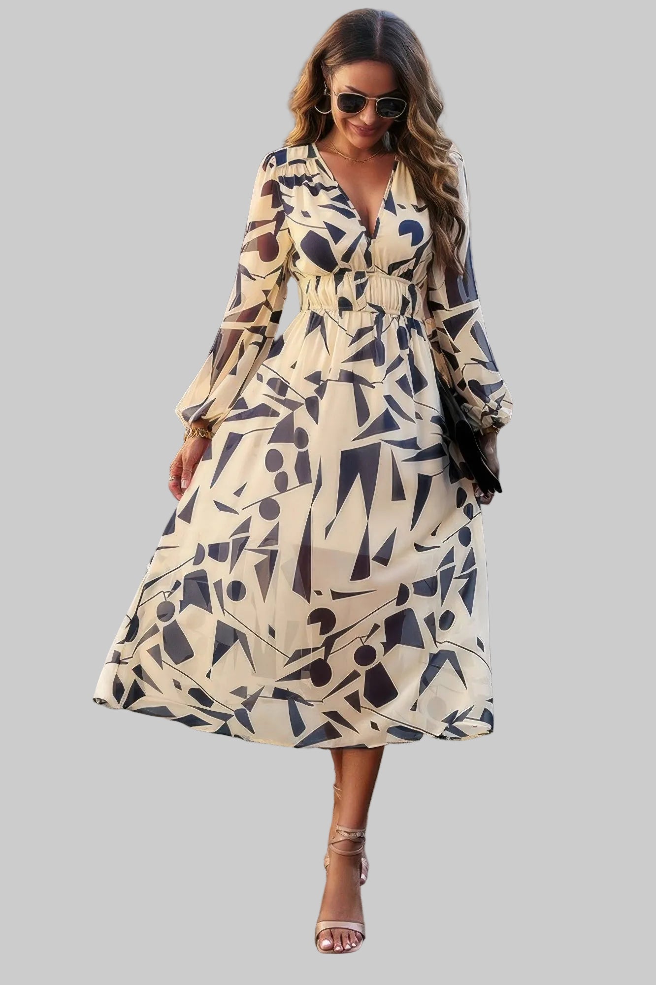 The Boho A-Line – V-Neck High Waist Long Sleeve Dress in 4 Colors Beige