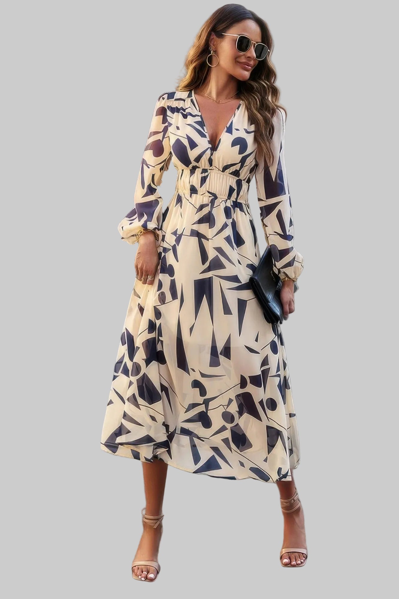 The Boho A-Line – V-Neck High Waist Long Sleeve Dress in 4 Colors