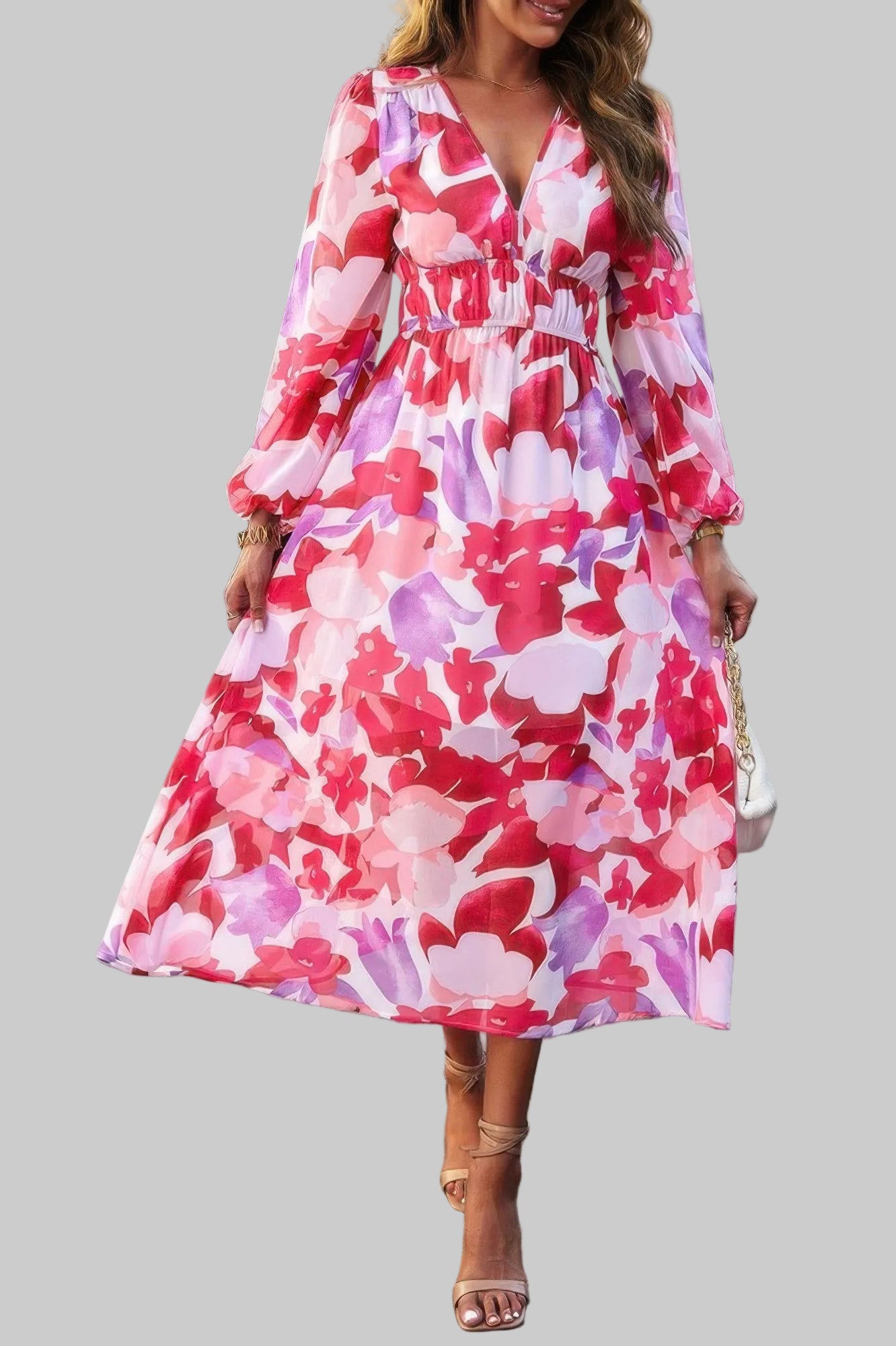 The Boho A-Line – V-Neck High Waist Long Sleeve Dress in 4 Colors