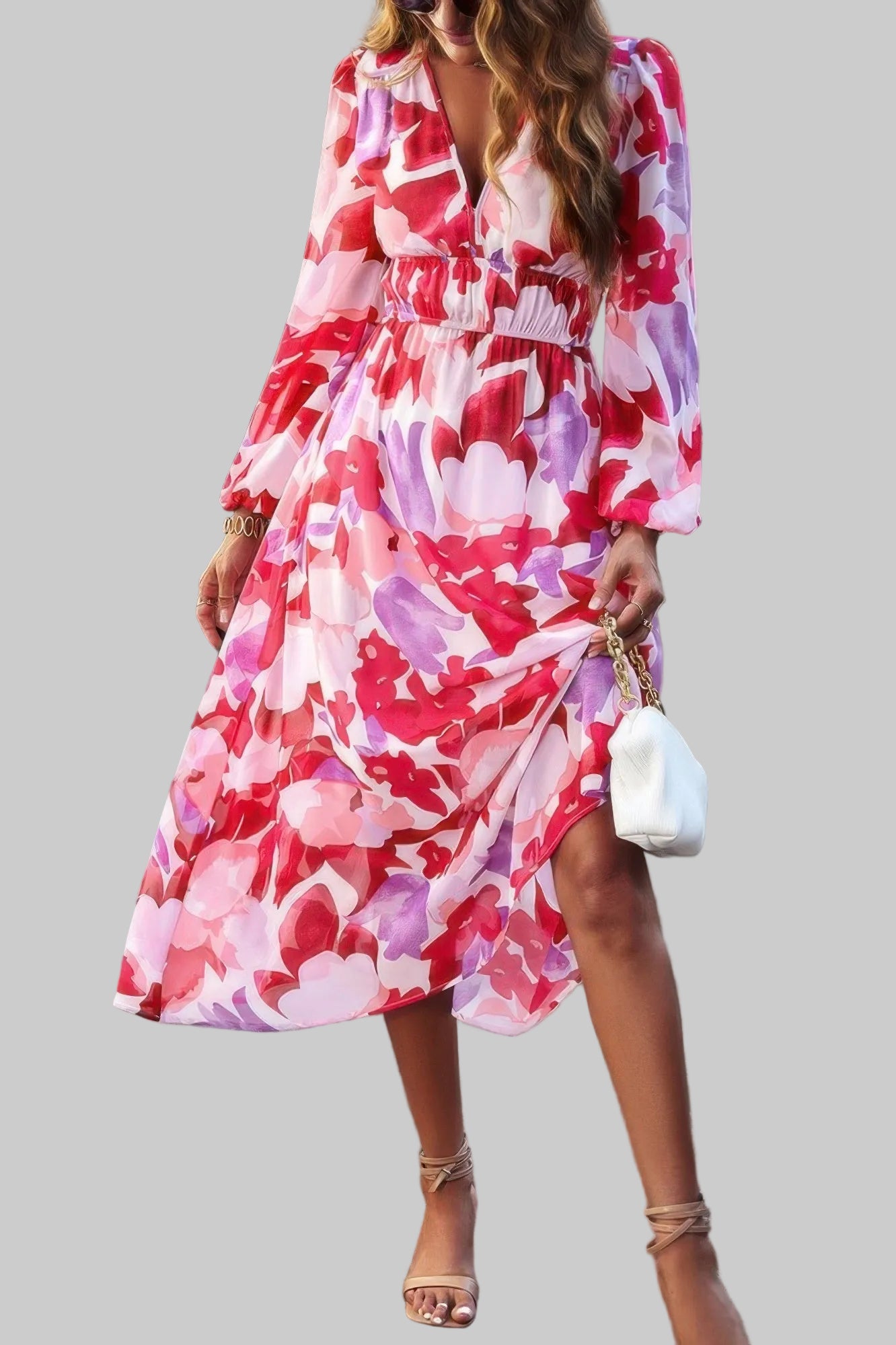 The Boho A-Line – V-Neck High Waist Long Sleeve Dress in 4 Colors