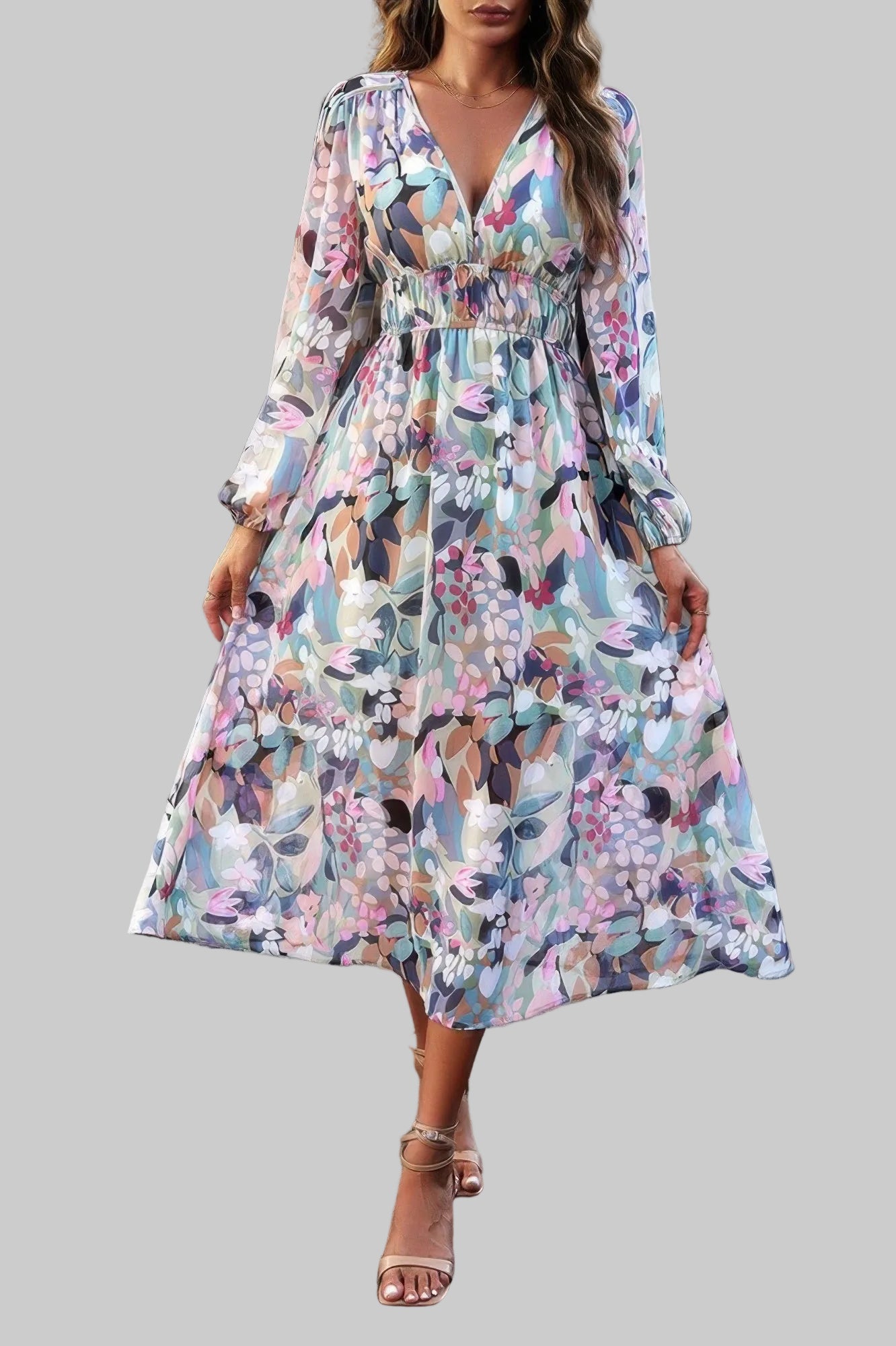 The Boho A-Line – V-Neck High Waist Long Sleeve Dress in 4 Colors Green