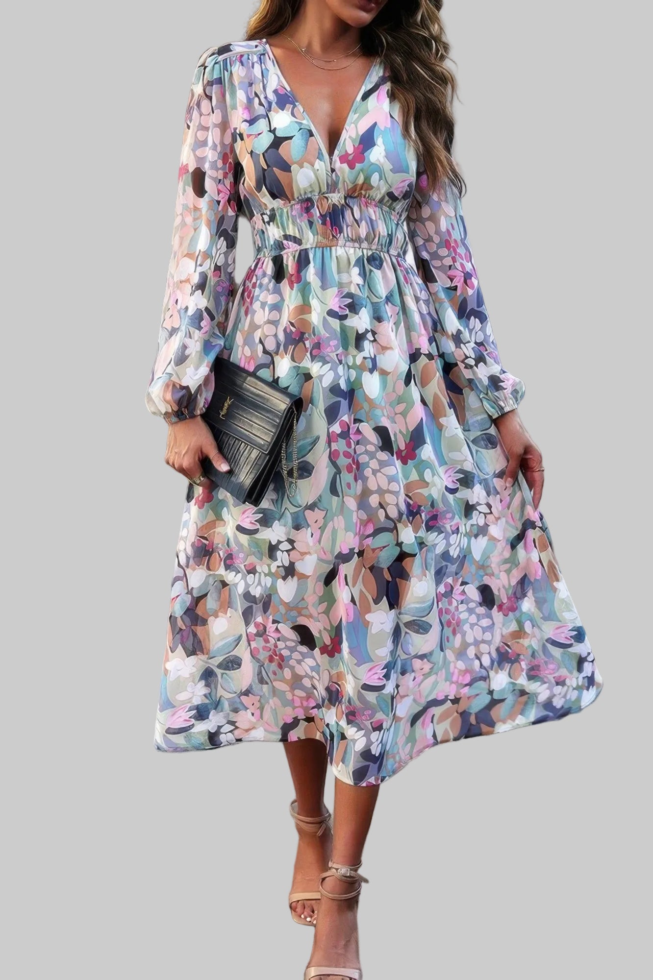 The Boho A-Line – V-Neck High Waist Long Sleeve Dress in 4 Colors