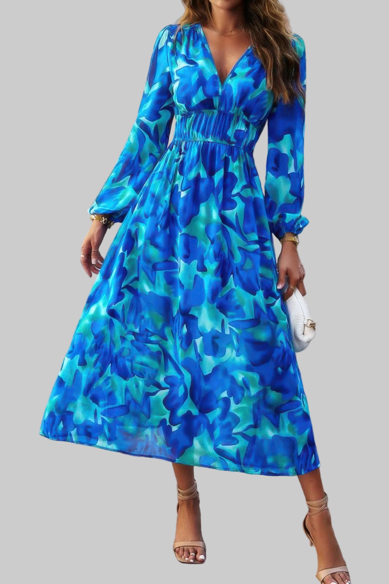 The Boho A-Line – V-Neck High Waist Long Sleeve Dress in 4 Colors Blue