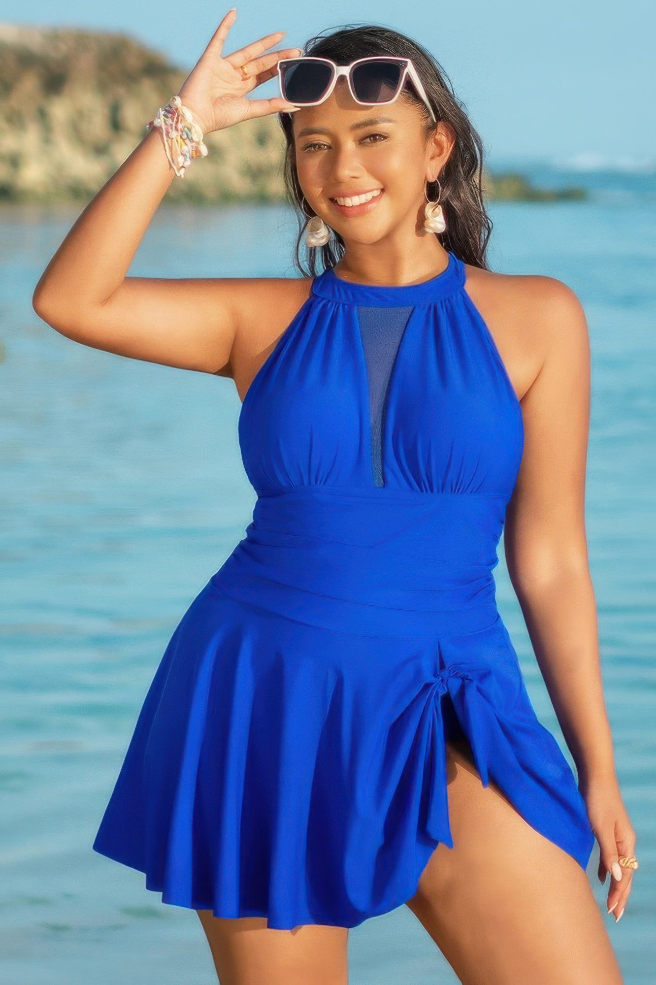 Plus Size Halter Ruched A-Line Swim Dress Royal Blue