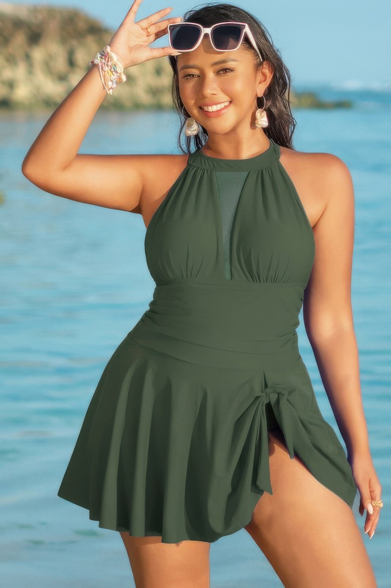 Plus Size Halter Ruched A-Line Swim Dress Olive
