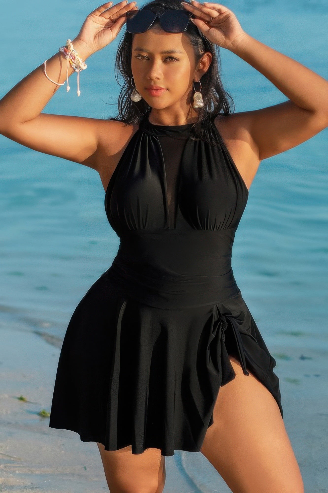 Plus Size Halter Ruched A-Line Swim Dress