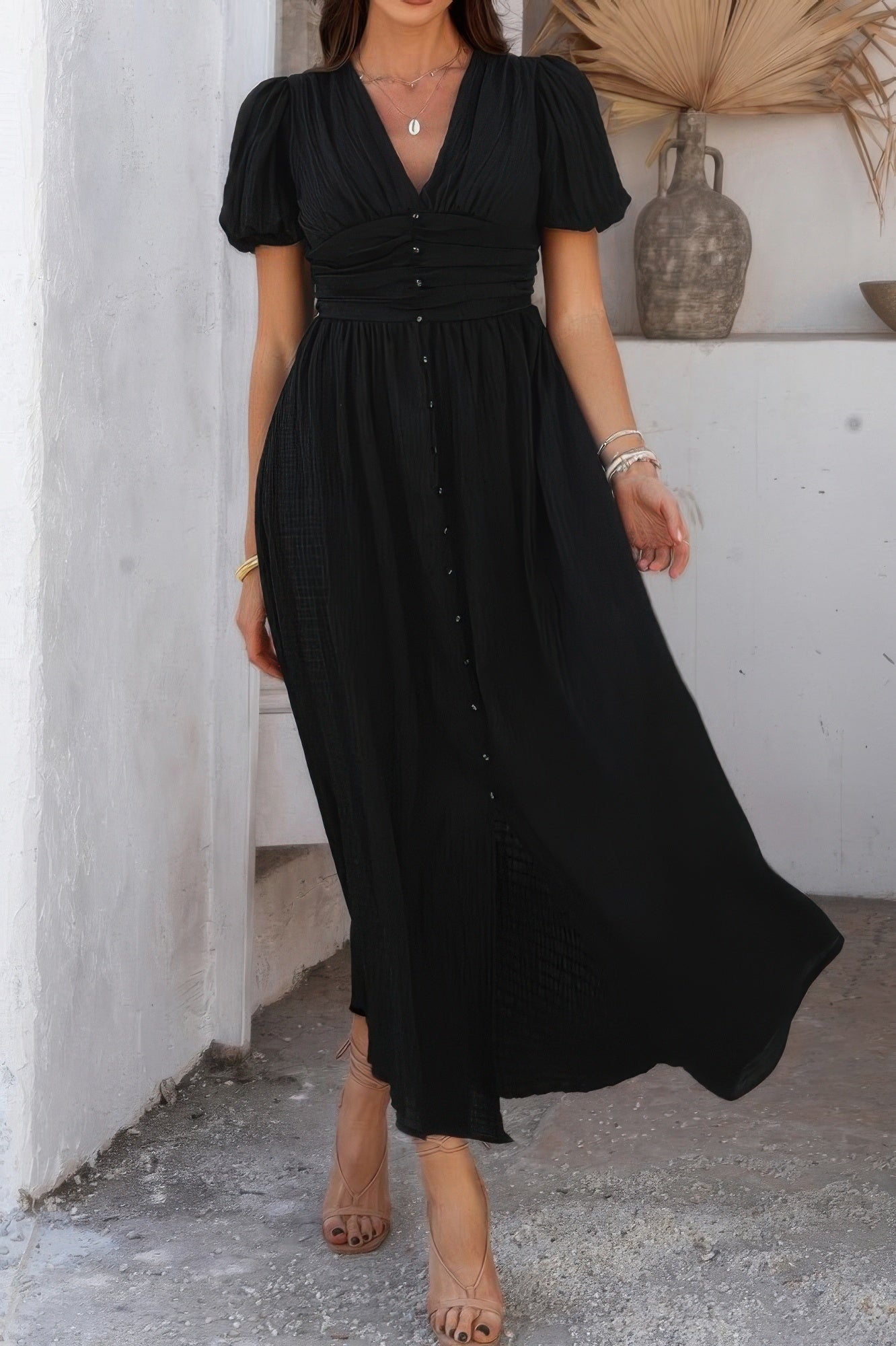 The Knot Waist Puff Sleeve Dress – V-Neck Solid in Black, Blue & Yellow Black