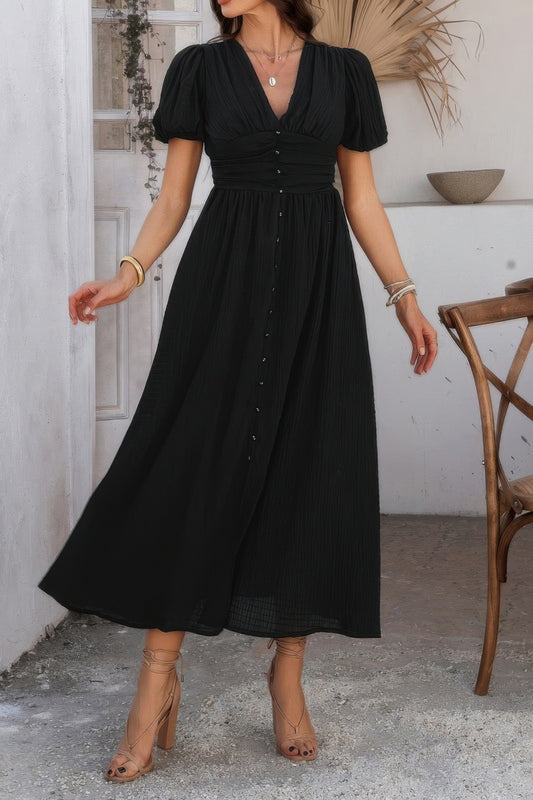 The Knot Waist Puff Sleeve Dress – V-Neck Solid in Black, Blue & Yellow