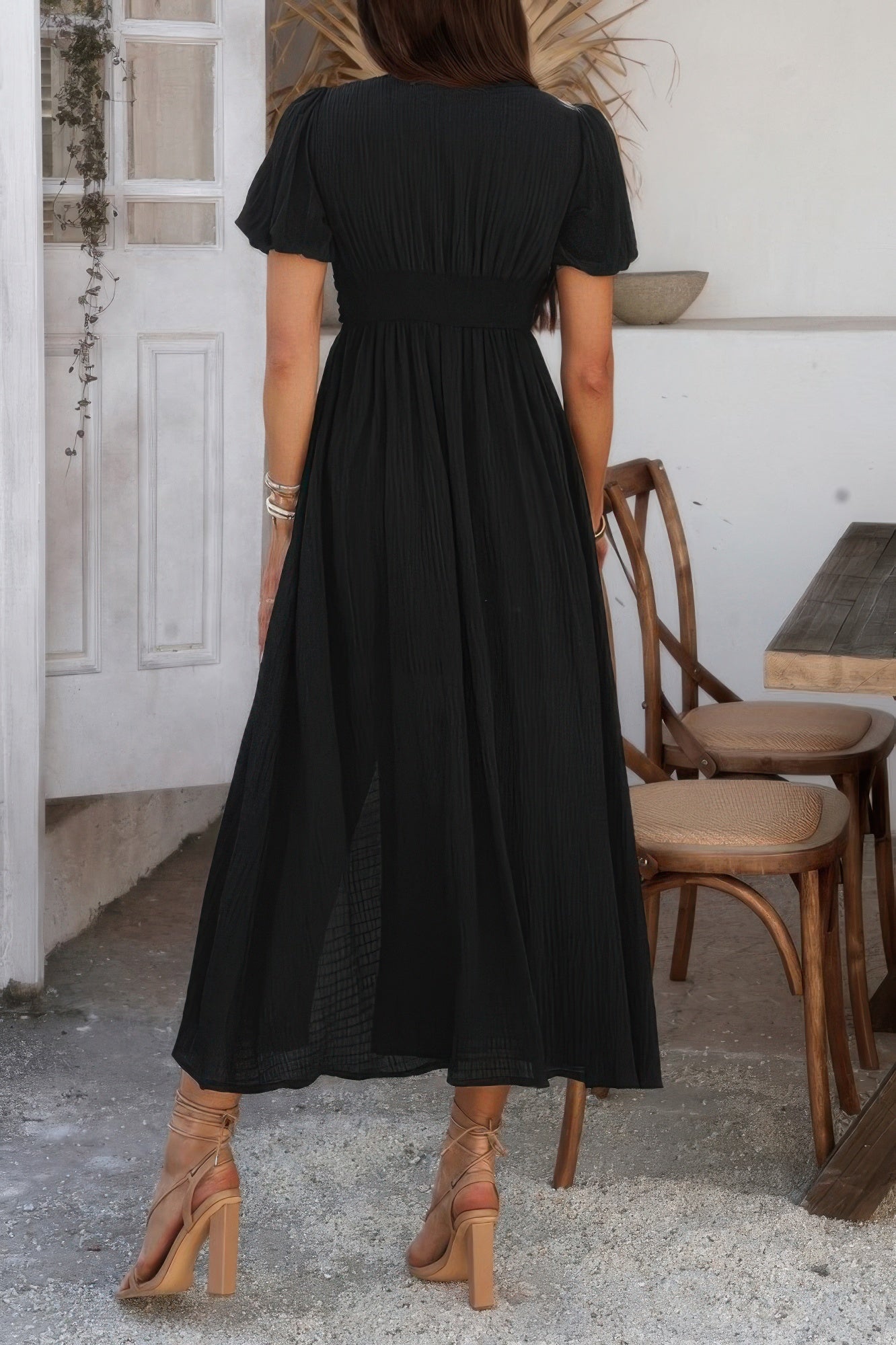 The Knot Waist Puff Sleeve Dress – V-Neck Solid in Black, Blue & Yellow
