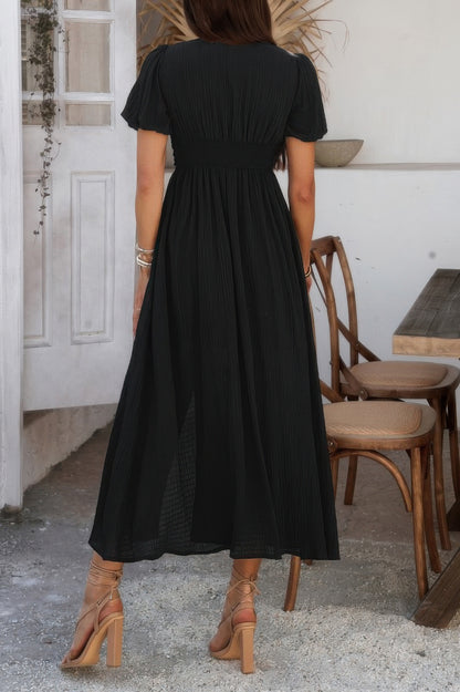 The Knot Waist Puff Sleeve Dress – V-Neck Solid in Black, Blue & Yellow