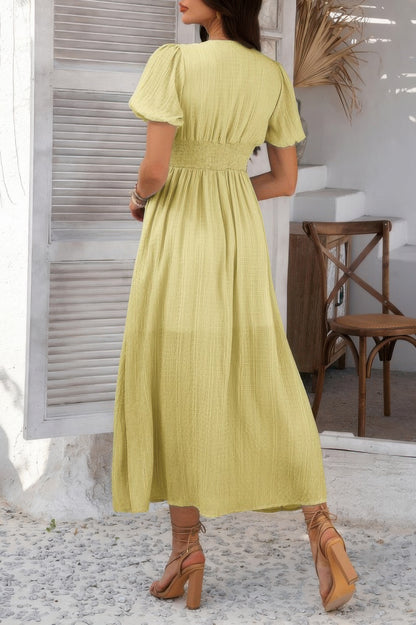 The Knot Waist Puff Sleeve Dress – V-Neck Solid in Black, Blue & Yellow