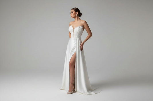 White strapless gown with a high slit