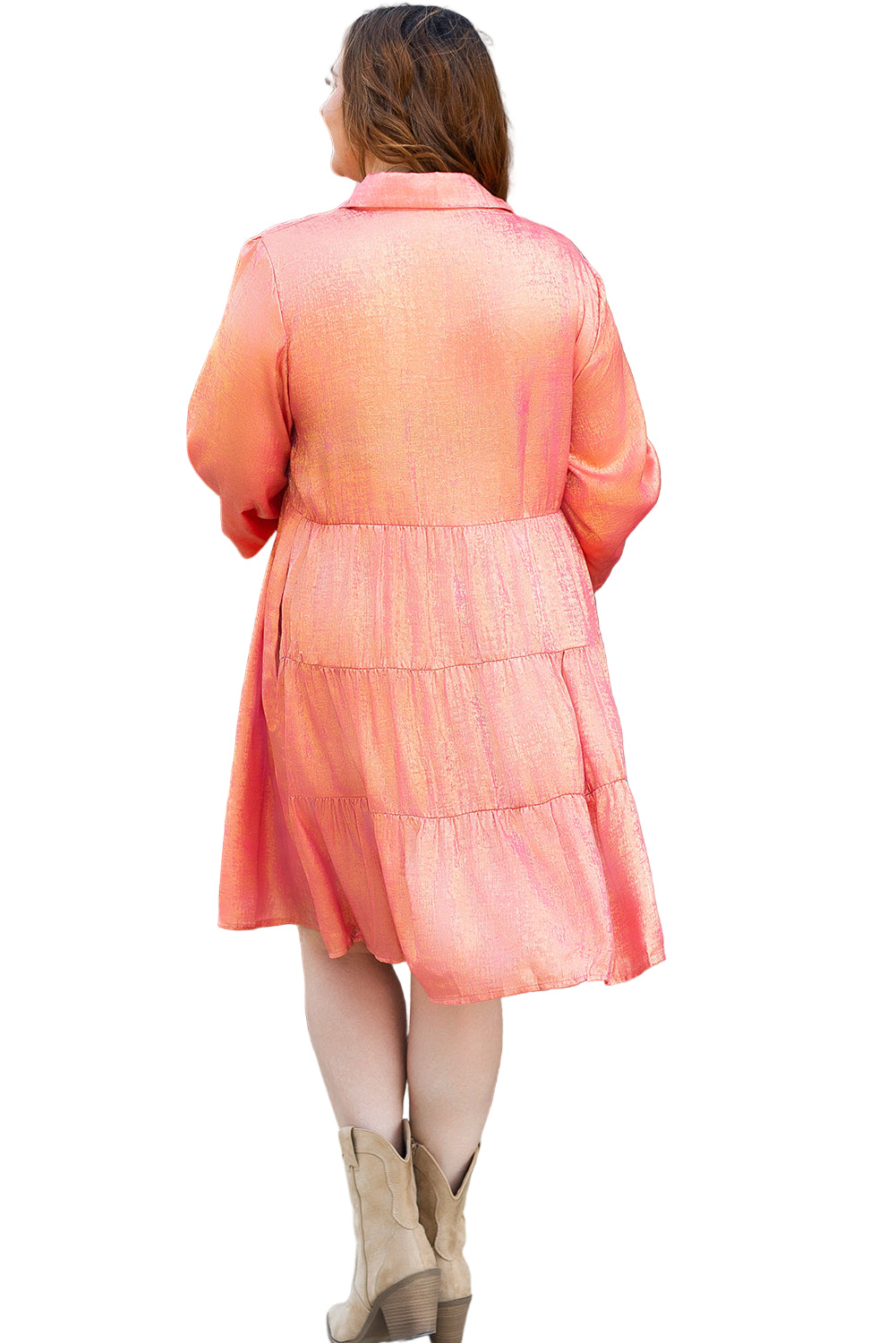 Peach Blossom Metallic Balloon Sleeve Plus Size Mini Dress