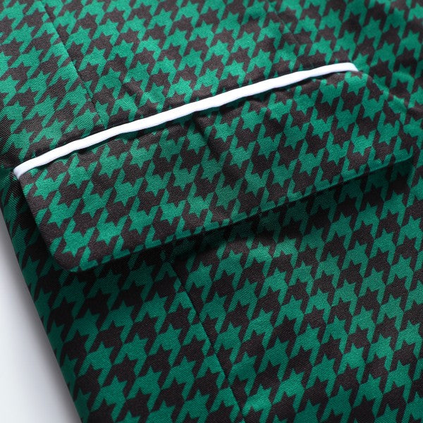 Men's Houndstooth Pattern 2-Button Blazer | 3D Slim Fit Notched Lapel Jacket – Black & Green