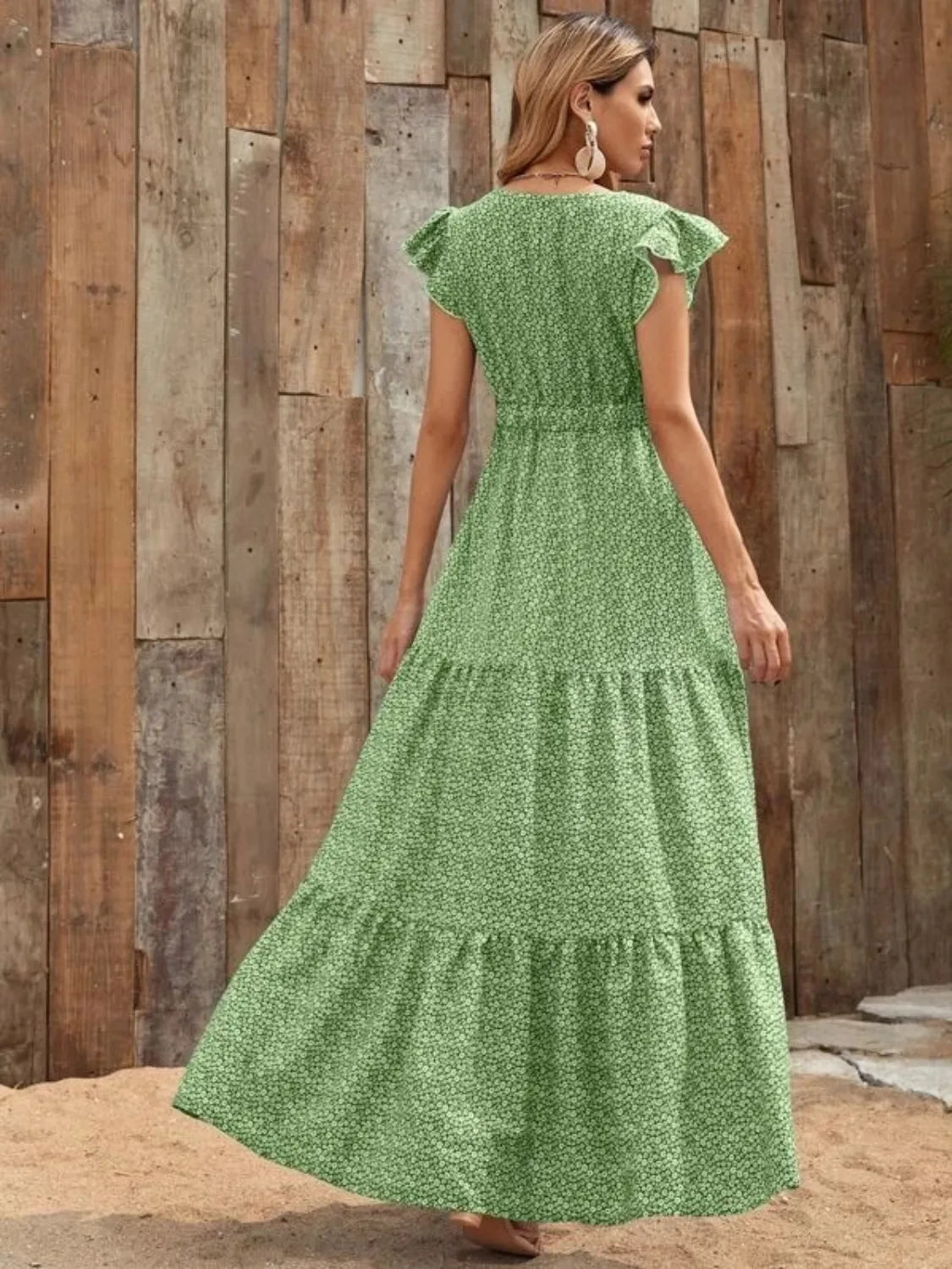 The Printed V-Neck Ruffle Sleeve Maxi Dress – 4 Colors, Sizes S–2XL