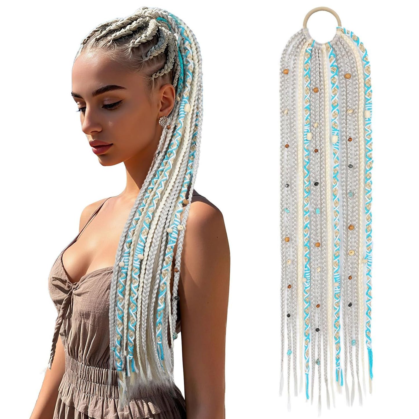 24-Inch Braided Ponytail with Lock Beads Hair Extension – 5 Colors Silver Gray