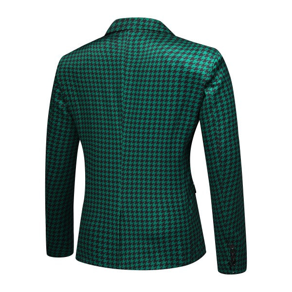 Men's Houndstooth Pattern 2-Button Blazer | 3D Slim Fit Notched Lapel Jacket – Black & Green