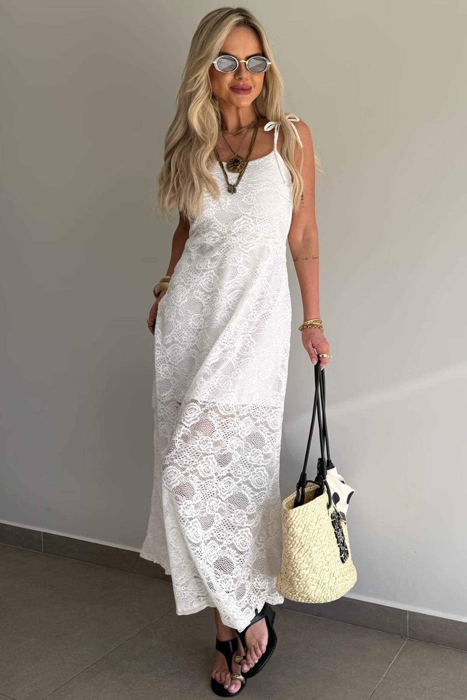The Floral Lace Overlay Maxi Dress – Self-Tie Spaghetti Straps, White, Sizes S–XL