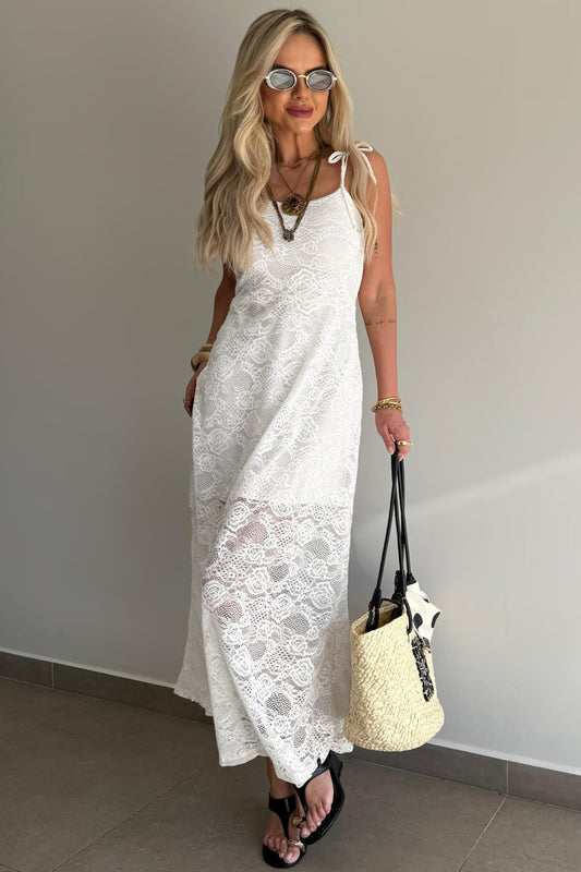 The Floral Lace Overlay Maxi Dress – Self-Tie Spaghetti Straps, White, Sizes S–XL